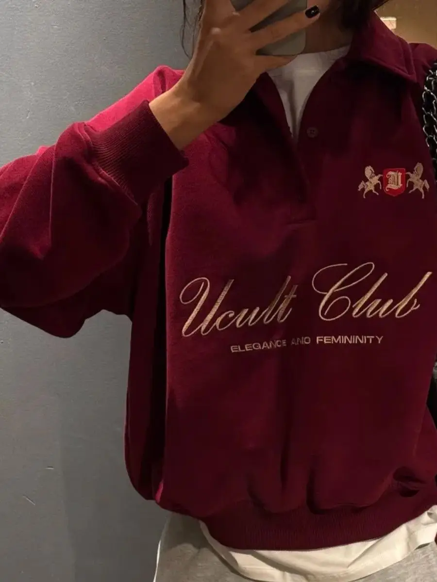 Classic Half Open POLO Neck Sweatshirts French Women Fashion Wine Red Retro Letter Printing Pullover Tops Autumn Winter Casual