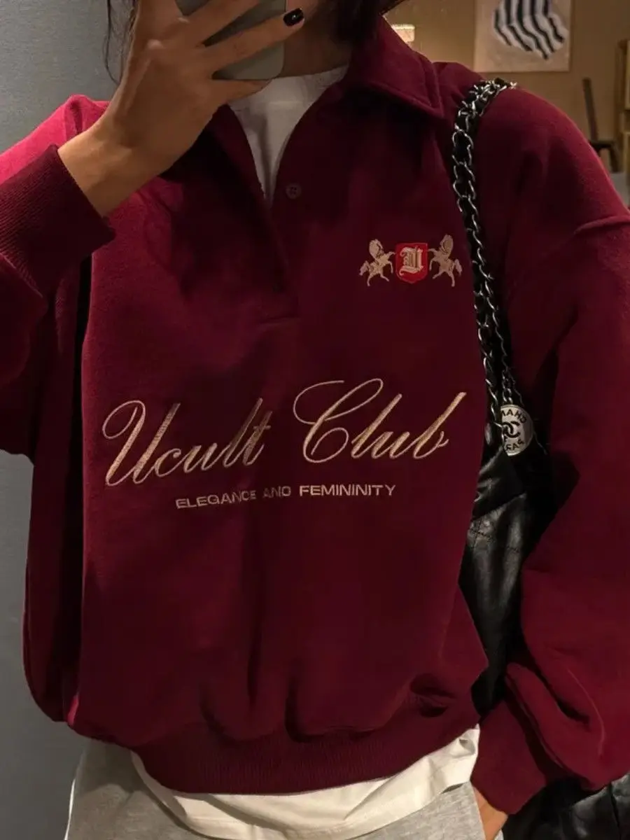 Classic Half Open POLO Neck Sweatshirts French Women Fashion Wine Red Retro Letter Printing Pullover Tops Autumn Winter Casual