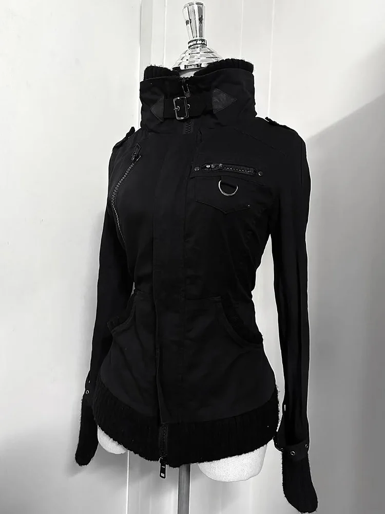 Gothic Black Slim Fit Zip-Up Hoodie Womens Y2K Fashion Ribbed Hem Oversized Cuffs Hoodie Sports Shirt Casual Jacket