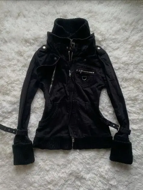Gothic Black Slim Fit Zip-Up Hoodie Womens Y2K Fashion Ribbed Hem Oversized Cuffs Hoodie Sports Shirt Casual Jacket