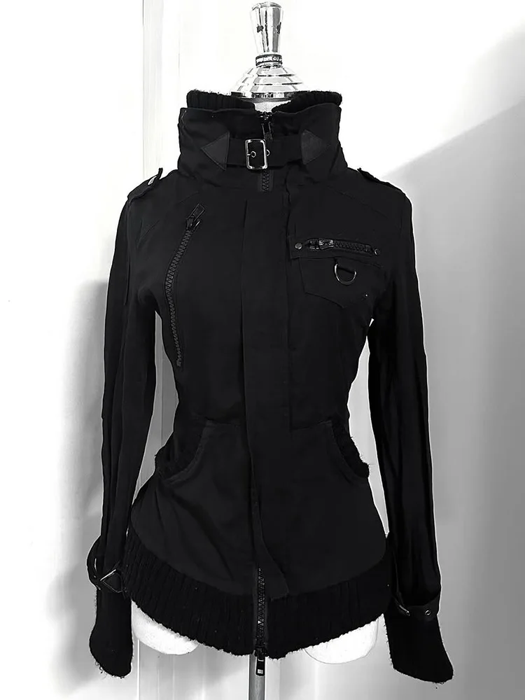 Gothic Black Slim Fit Zip-Up Hoodie Womens Y2K Fashion Ribbed Hem Oversized Cuffs Hoodie Sports Shirt Casual Jacket