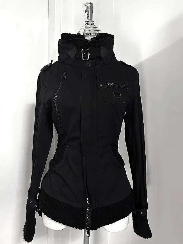 Gothic Black Slim Fit Zip-Up Hoodie Womens Y2K Fashion Ribbed Hem Oversized Cuffs Hoodie Sports Shirt Casual Jacket