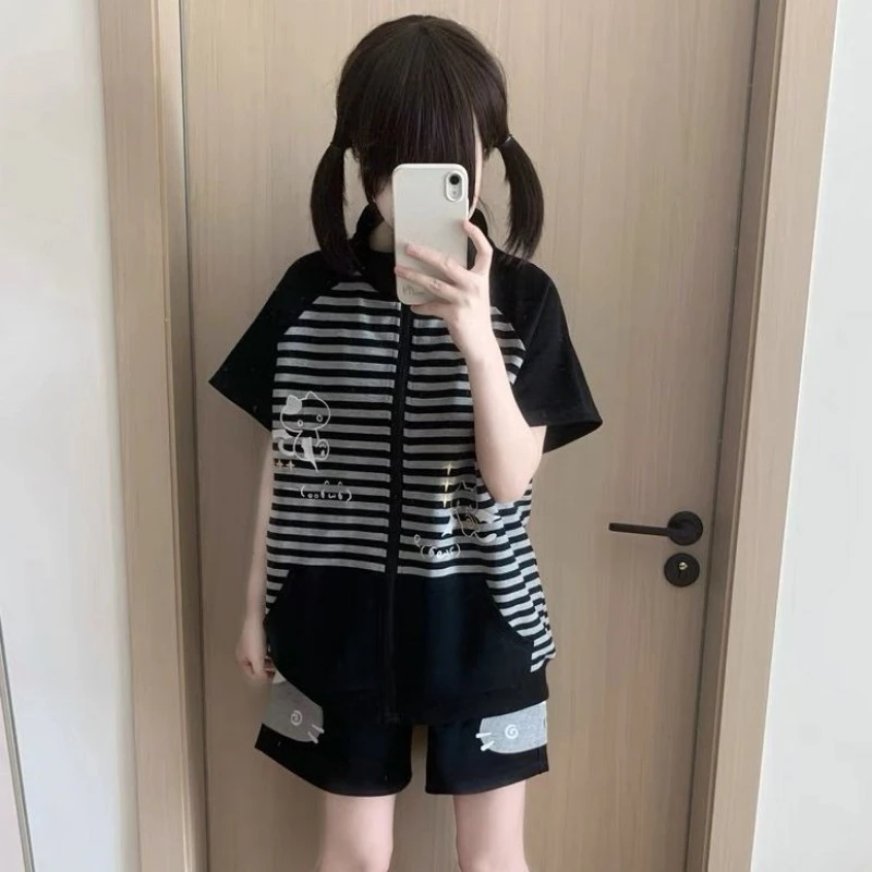 Japanese Casual Stand Neck Hoodie Preppy Style Embroidery Cat Grunge Cute Sweatshirts Women Y2k Aesthetic Patchwork Stripe Hoody
