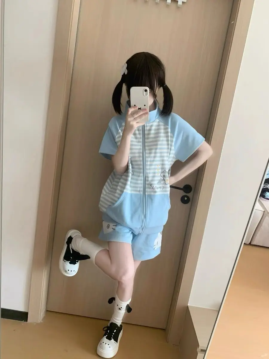 Japanese Casual Stand Neck Hoodie Preppy Style Embroidery Cat Grunge Cute Sweatshirts Women Y2k Aesthetic Patchwork Stripe Hoody