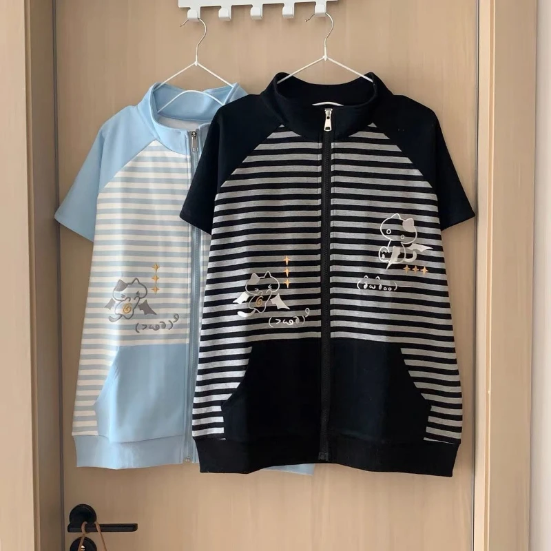Japanese Casual Stand Neck Hoodie Preppy Style Embroidery Cat Grunge Cute Sweatshirts Women Y2k Aesthetic Patchwork Stripe Hoody