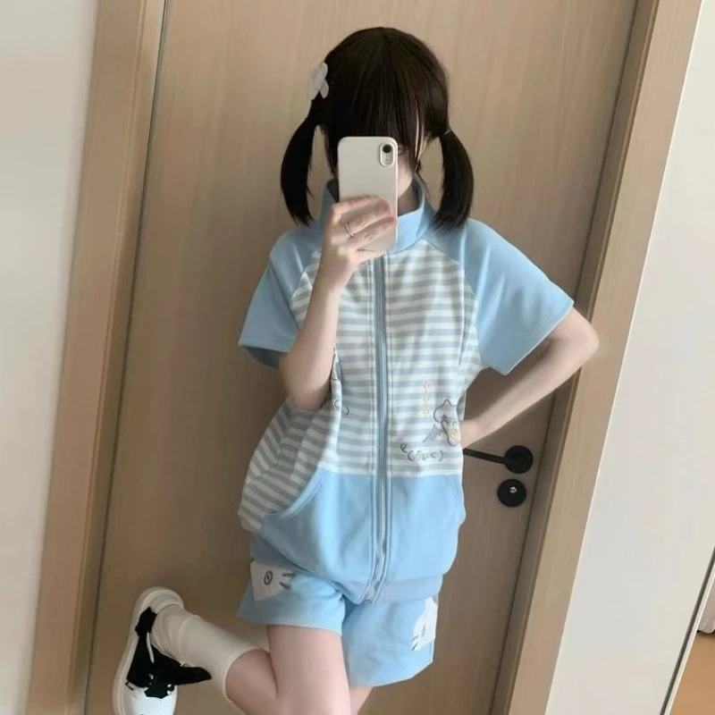 Japanese Casual Stand Neck Hoodie Preppy Style Embroidery Cat Grunge Cute Sweatshirts Women Y2k Aesthetic Patchwork Stripe Hoody