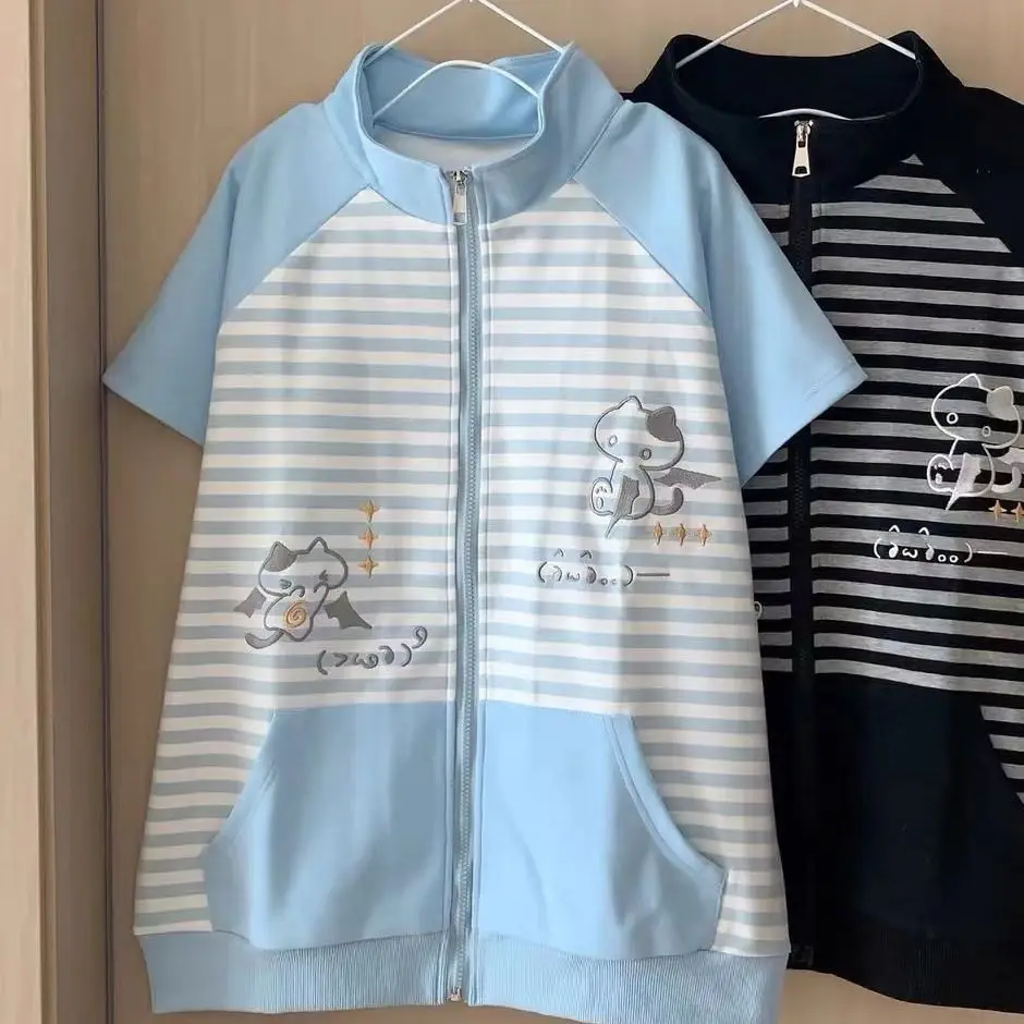 Japanese Casual Stand Neck Hoodie Preppy Style Embroidery Cat Grunge Cute Sweatshirts Women Y2k Aesthetic Patchwork Stripe Hoody