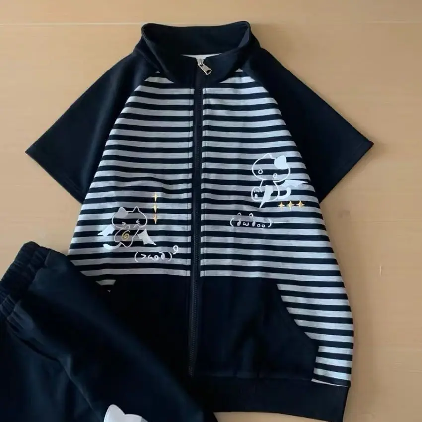 Japanese Casual Stand Neck Hoodie Preppy Style Embroidery Cat Grunge Cute Sweatshirts Women Y2k Aesthetic Patchwork Stripe Hoody