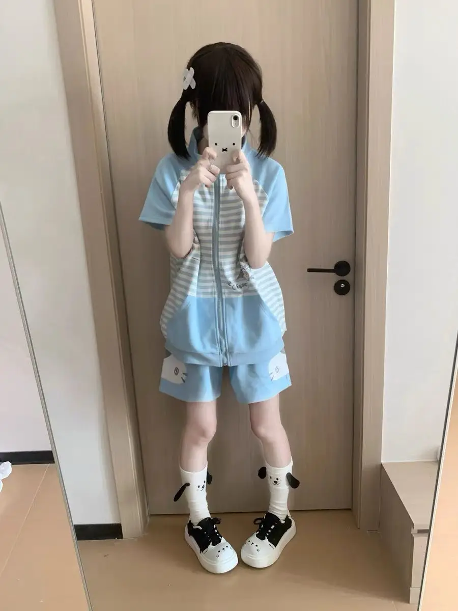 Japanese Casual Stand Neck Hoodie Preppy Style Embroidery Cat Grunge Cute Sweatshirts Women Y2k Aesthetic Patchwork Stripe Hoody