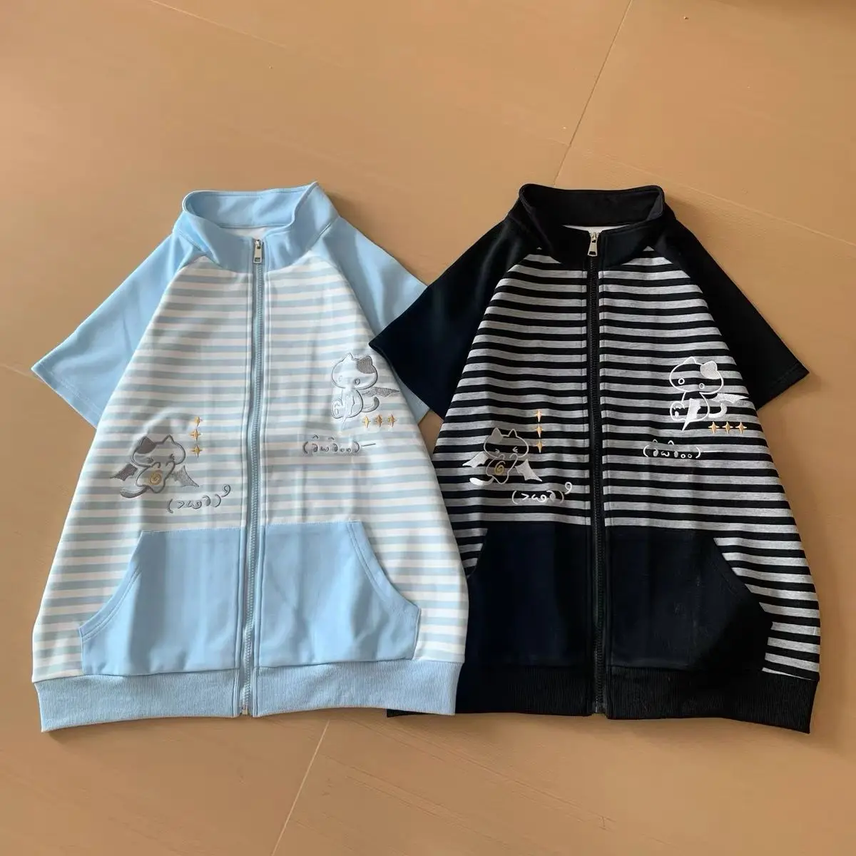 Japanese Casual Stand Neck Hoodie Preppy Style Embroidery Cat Grunge Cute Sweatshirts Women Y2k Aesthetic Patchwork Stripe Hoody