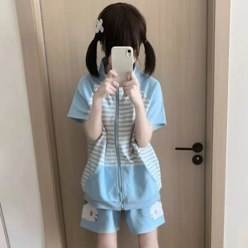 Japanese Casual Stand Neck Hoodie Preppy Style Embroidery Cat Grunge Cute Sweatshirts Women Y2k Aesthetic Patchwork Stripe Hoody