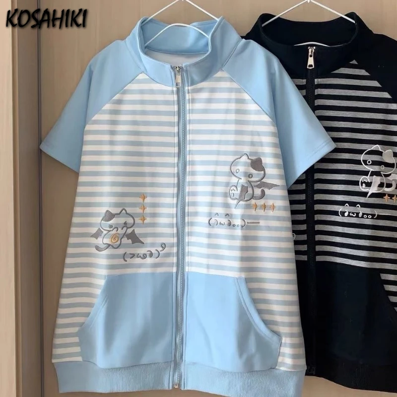 Japanese Casual Stand Neck Hoodie Preppy Style Embroidery Cat Grunge Cute Sweatshirts Women Y2k Aesthetic Patchwork Stripe Hoody
