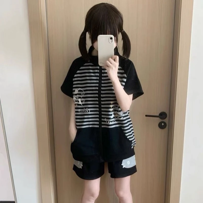 Japanese Casual Stand Neck Hoodie Preppy Style Embroidery Cat Grunge Cute Sweatshirts Women Y2k Aesthetic Patchwork Stripe Hoody