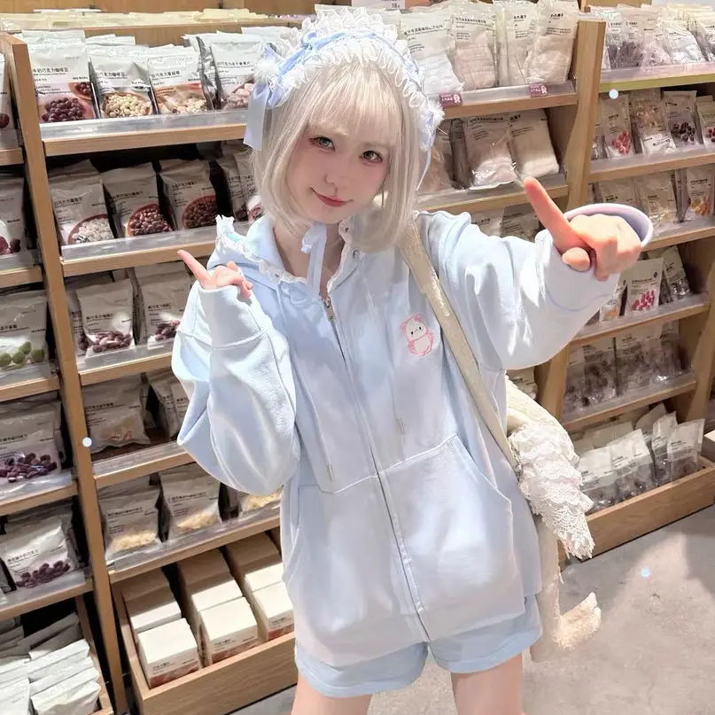 Japanese Autumn Casual Hoodies Oversized Lace Patchwork Harajuku Women's Tops Y2k Aesthetic Cartoon Embroidery Cute Sweatshirts