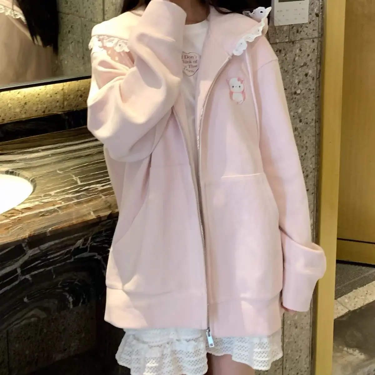 Japanese Autumn Casual Hoodies Oversized Lace Patchwork Harajuku Women's Tops Y2k Aesthetic Cartoon Embroidery Cute Sweatshirts