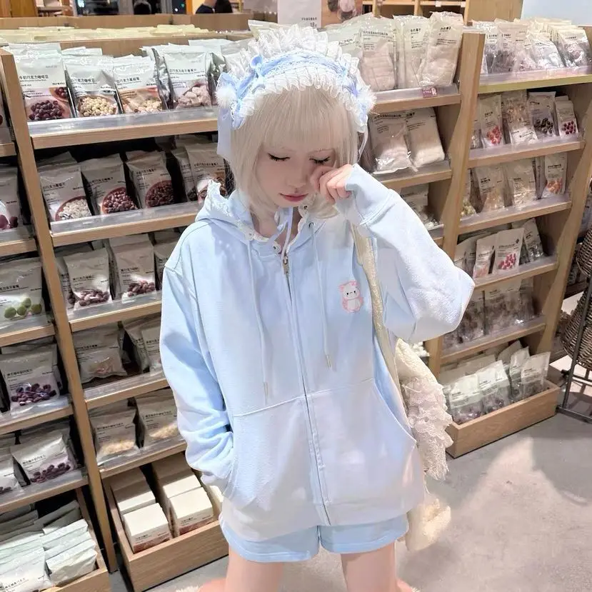 Japanese Autumn Casual Hoodies Oversized Lace Patchwork Harajuku Women's Tops Y2k Aesthetic Cartoon Embroidery Cute Sweatshirts