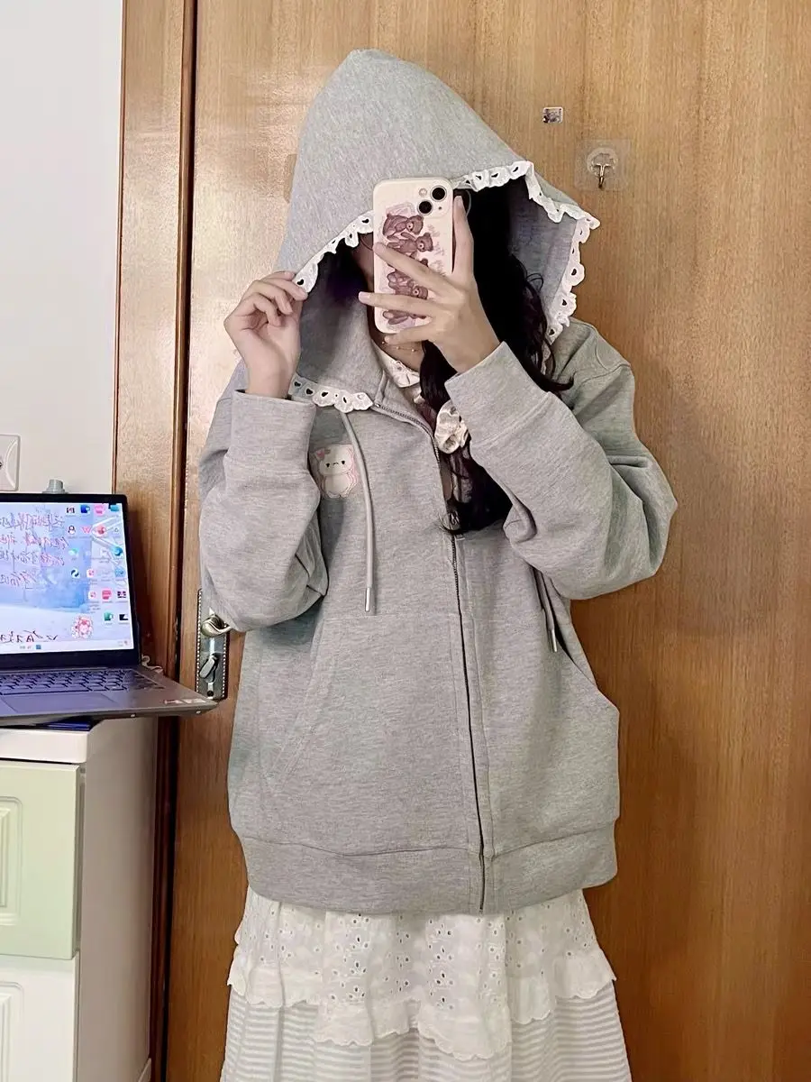 Japanese Autumn Casual Hoodies Oversized Lace Patchwork Harajuku Women's Tops Y2k Aesthetic Cartoon Embroidery Cute Sweatshirts