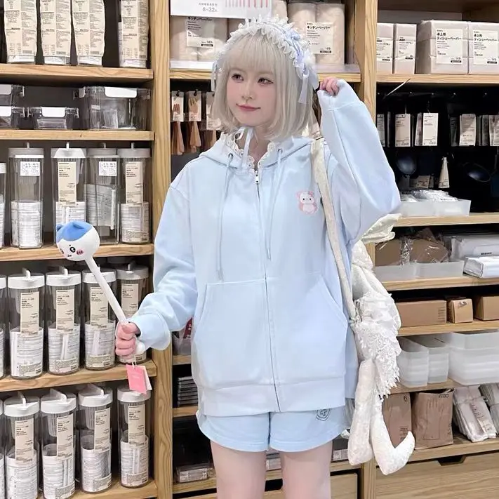 Japanese Autumn Casual Hoodies Oversized Lace Patchwork Harajuku Women's Tops Y2k Aesthetic Cartoon Embroidery Cute Sweatshirts