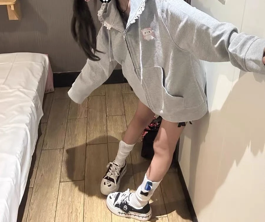 Japanese Autumn Casual Hoodies Oversized Lace Patchwork Harajuku Women's Tops Y2k Aesthetic Cartoon Embroidery Cute Sweatshirts