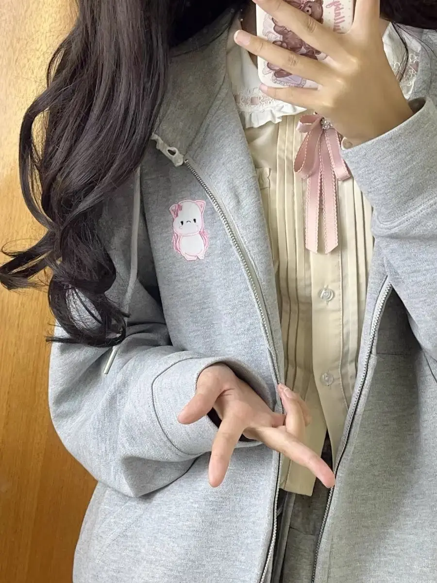 Japanese Autumn Casual Hoodies Oversized Lace Patchwork Harajuku Women's Tops Y2k Aesthetic Cartoon Embroidery Cute Sweatshirts