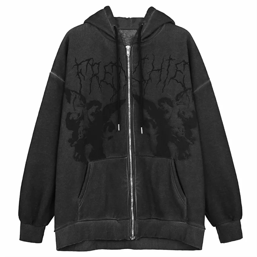 Women Vintage Angel Print Hooded Jacket Men Zip Up Long Sleeve Pocket Autumn Winter Streetwear Coat Y2K Aesthetic Loose Hoodies