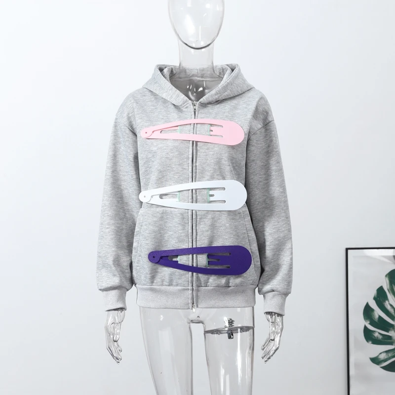 Fashion Grey Hoodie Jacket With Blue Pin For Women Y2k Casual Long Sleeve Pocket Coat Lady 2026 Spring Chic Street Outerwear