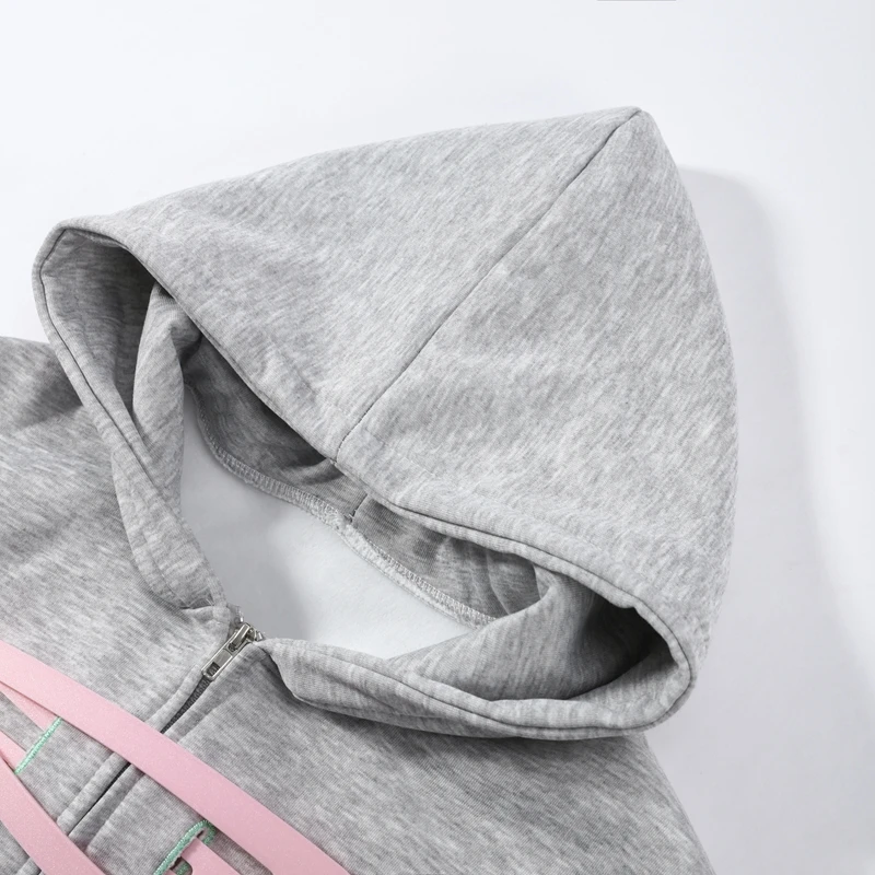 Fashion Grey Hoodie Jacket With Blue Pin For Women Y2k Casual Long Sleeve Pocket Coat Lady 2026 Spring Chic Street Outerwear