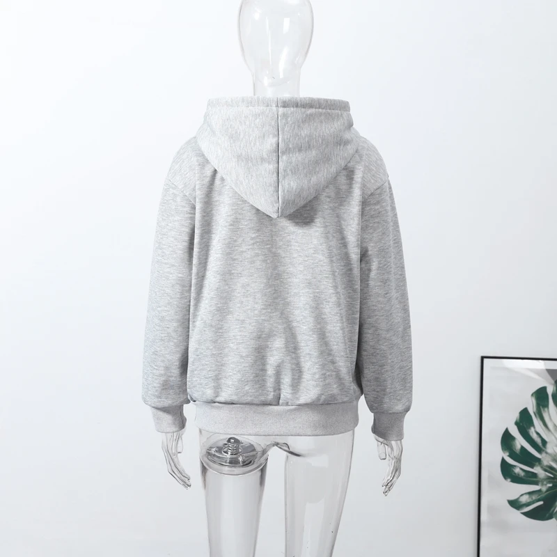 Fashion Grey Hoodie Jacket With Blue Pin For Women Y2k Casual Long Sleeve Pocket Coat Lady 2026 Spring Chic Street Outerwear