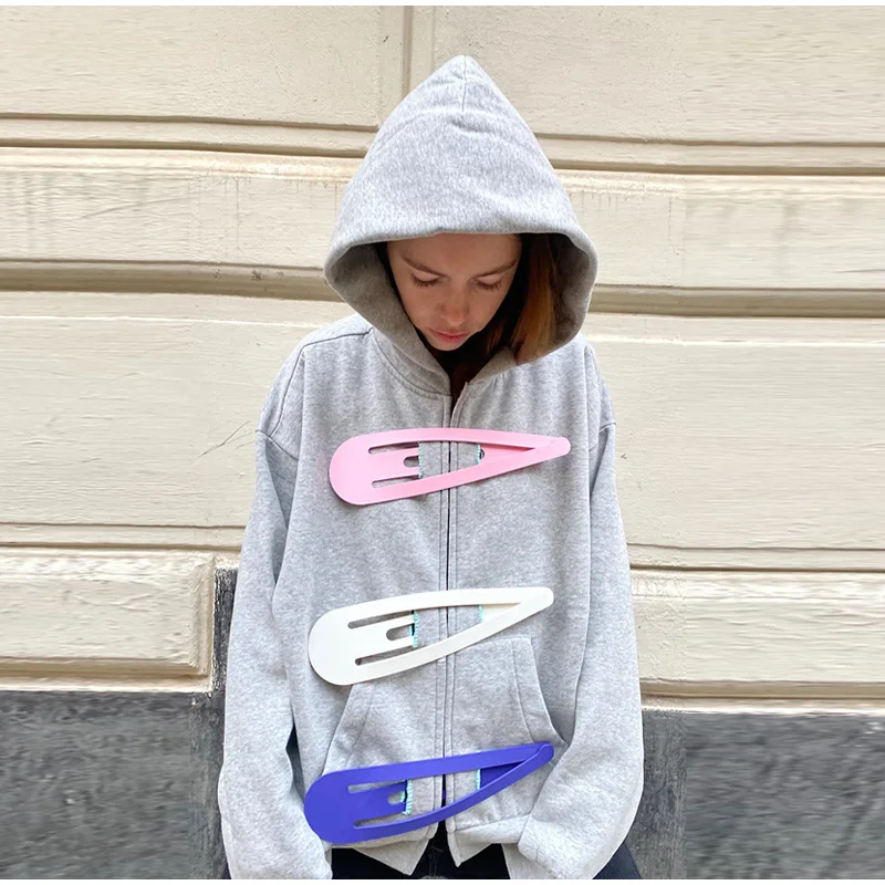Fashion Grey Hoodie Jacket With Blue Pin For Women Y2k Casual Long Sleeve Pocket Coat Lady 2026 Spring Chic Street Outerwear