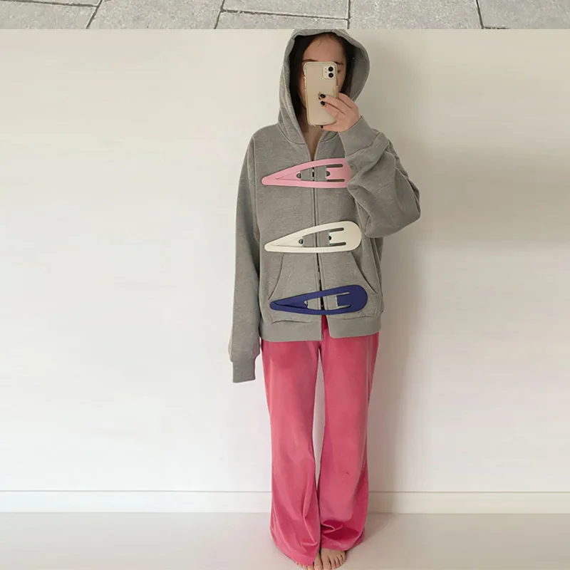 Fashion Grey Hoodie Jacket With Blue Pin For Women Y2k Casual Long Sleeve Pocket Coat Lady 2026 Spring Chic Street Outerwear