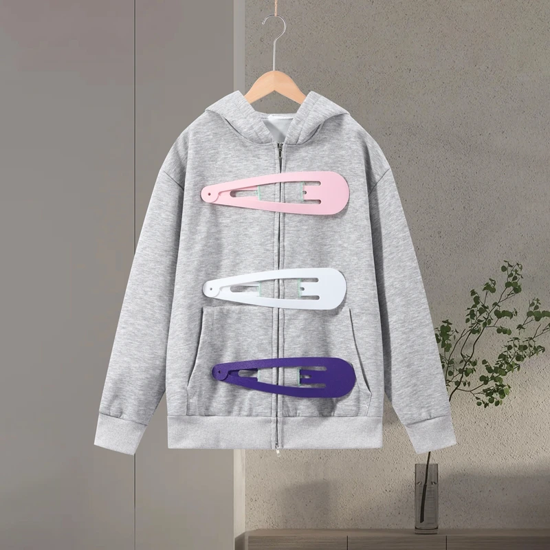 Fashion Grey Hoodie Jacket With Blue Pin For Women Y2k Casual Long Sleeve Pocket Coat Lady 2026 Spring Chic Street Outerwear