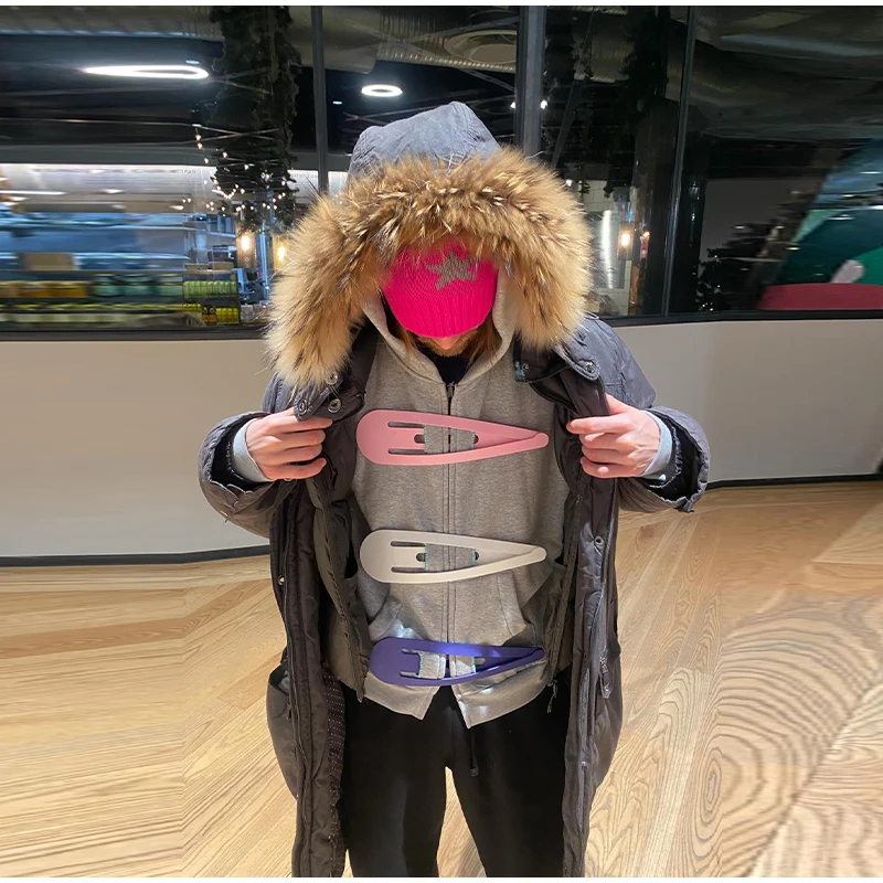 Fashion Grey Hoodie Jacket With Blue Pin For Women Y2k Casual Long Sleeve Pocket Coat Lady 2026 Spring Chic Street Outerwear