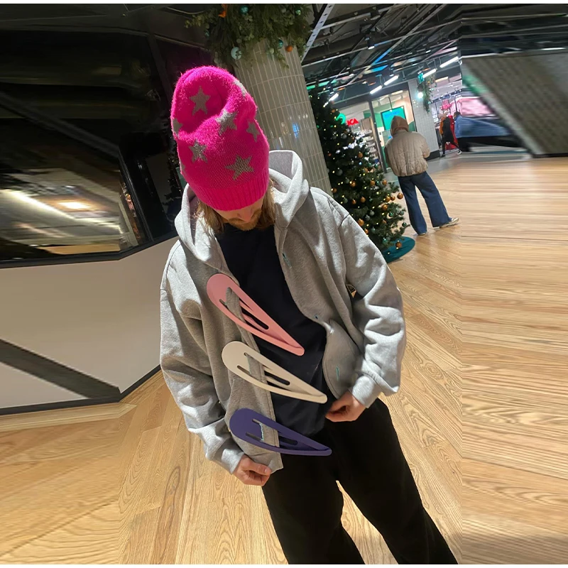 Fashion Grey Hoodie Jacket With Blue Pin For Women Y2k Casual Long Sleeve Pocket Coat Lady 2026 Spring Chic Street Outerwear