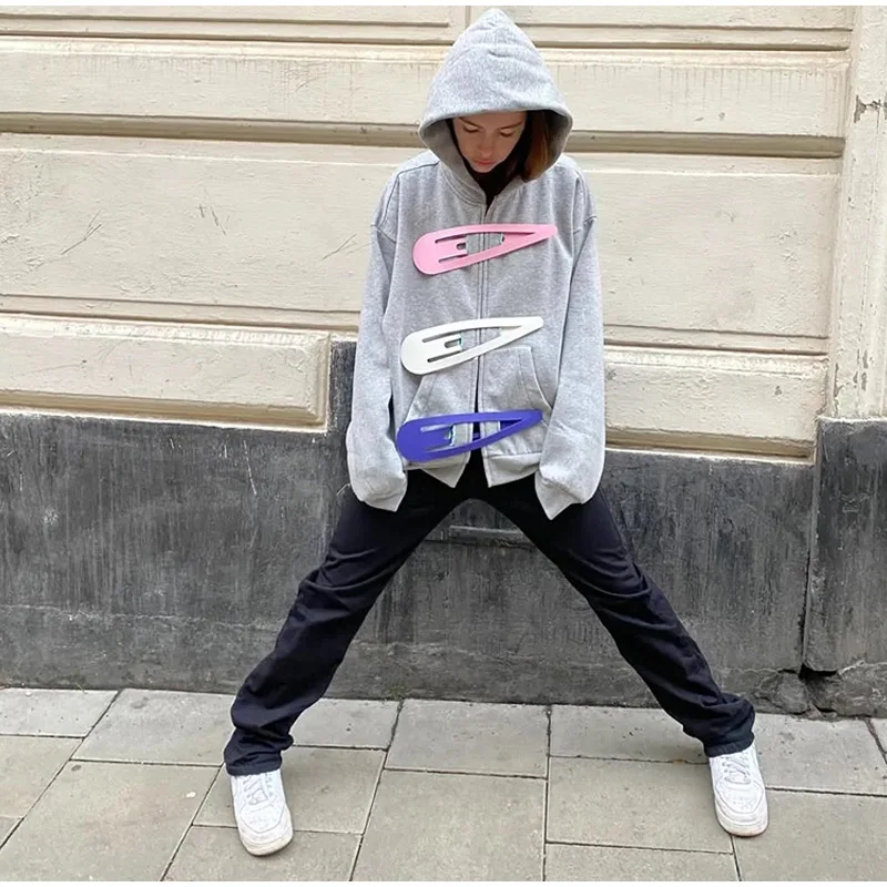 Fashion Grey Hoodie Jacket With Blue Pin For Women Y2k Casual Long Sleeve Pocket Coat Lady 2026 Spring Chic Street Outerwear