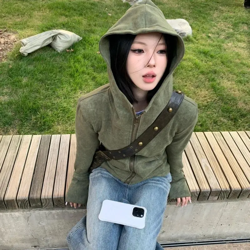 Streetwear Vintage Green Harajuku Hoodies Women Preppy Style Casual Loose Hoody Y2k Aesthetic Grunge Zipper Sweatshirt Tops