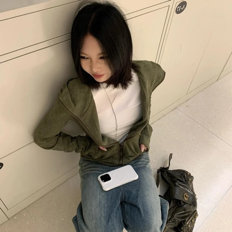 Streetwear Vintage Green Harajuku Hoodies Women Preppy Style Casual Loose Hoody Y2k Aesthetic Grunge Zipper Sweatshirt Tops