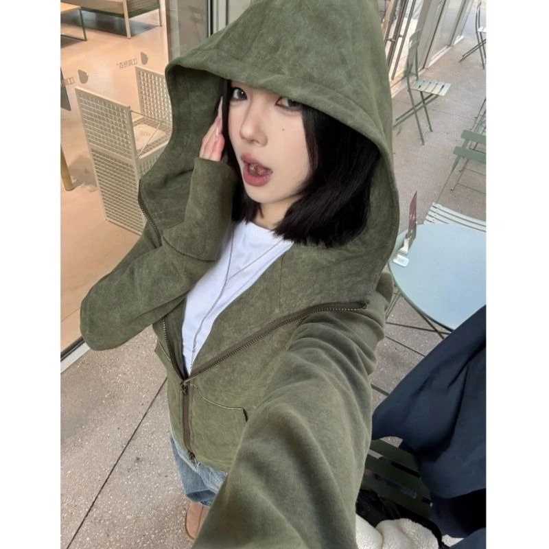 Streetwear Vintage Green Harajuku Hoodies Women Preppy Style Casual Loose Hoody Y2k Aesthetic Grunge Zipper Sweatshirt Tops