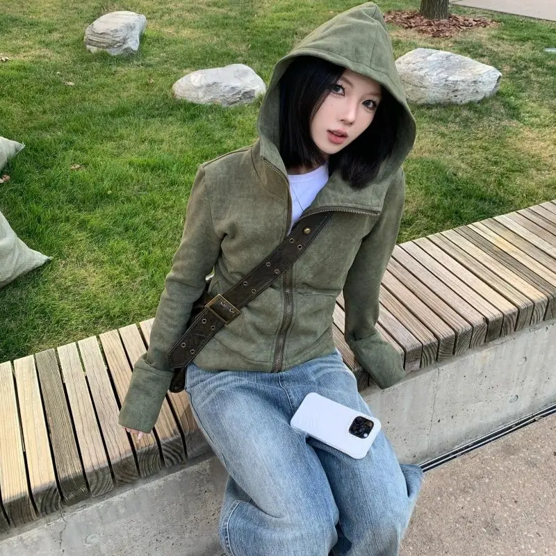 Streetwear Vintage Green Harajuku Hoodies Women Preppy Style Casual Loose Hoody Y2k Aesthetic Grunge Zipper Sweatshirt Tops
