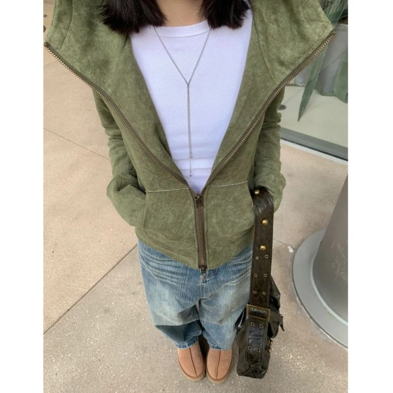 Streetwear Vintage Green Harajuku Hoodies Women Preppy Style Casual Loose Hoody Y2k Aesthetic Grunge Zipper Sweatshirt Tops