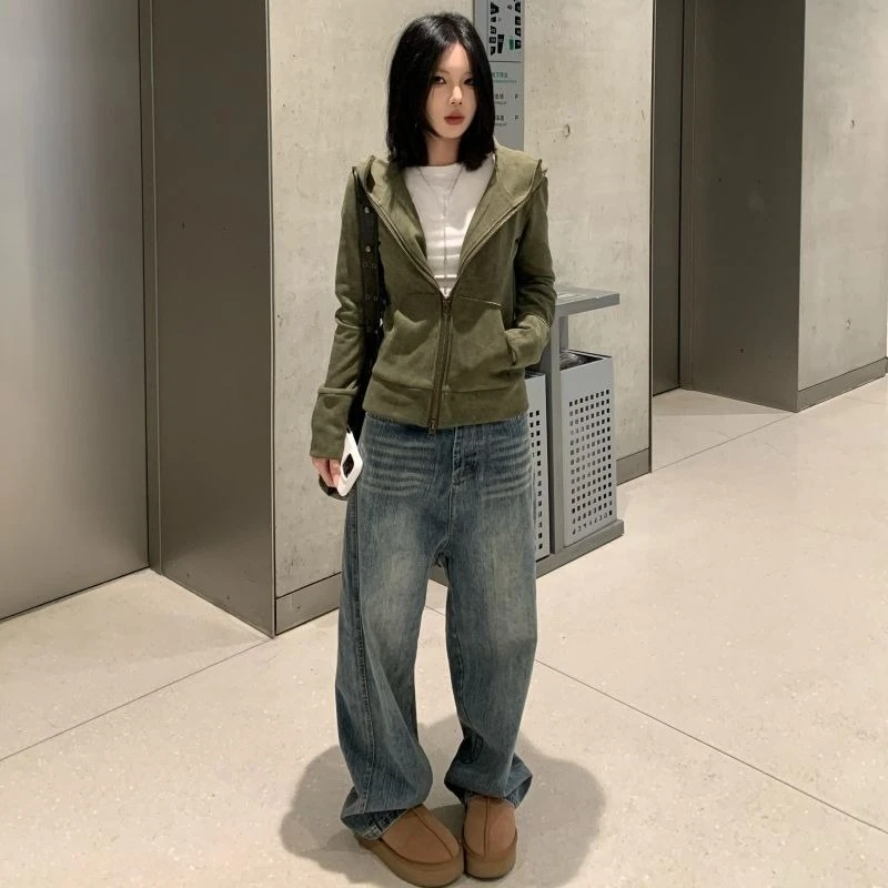 Streetwear Vintage Green Harajuku Hoodies Women Preppy Style Casual Loose Hoody Y2k Aesthetic Grunge Zipper Sweatshirt Tops