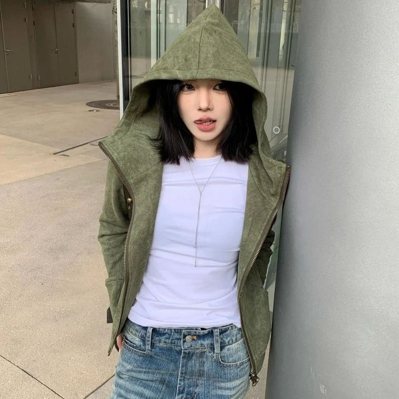 Streetwear Vintage Green Harajuku Hoodies Women Preppy Style Casual Loose Hoody Y2k Aesthetic Grunge Zipper Sweatshirt Tops