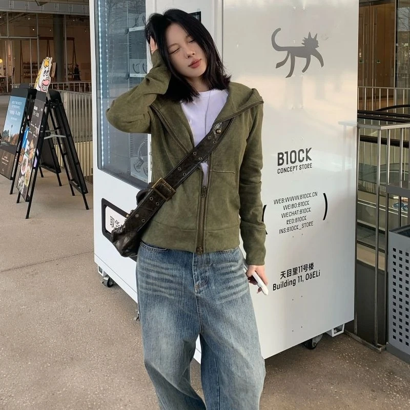 Streetwear Vintage Green Harajuku Hoodies Women Preppy Style Casual Loose Hoody Y2k Aesthetic Grunge Zipper Sweatshirt Tops