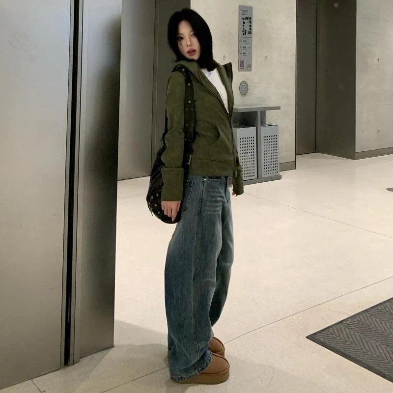 Streetwear Vintage Green Harajuku Hoodies Women Preppy Style Casual Loose Hoody Y2k Aesthetic Grunge Zipper Sweatshirt Tops