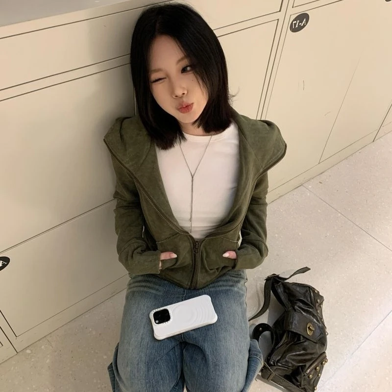 Streetwear Vintage Green Harajuku Hoodies Women Preppy Style Casual Loose Hoody Y2k Aesthetic Grunge Zipper Sweatshirt Tops