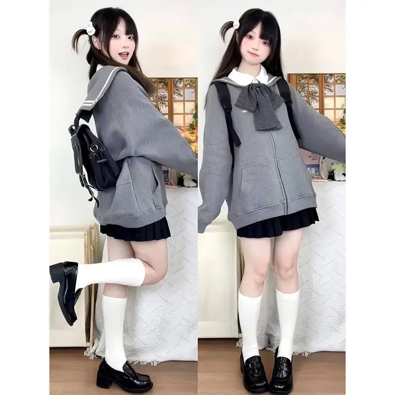 Japanese Grunge Letter Embroidery Hoodie Harajuku Vintage Sailor Collar Zipper Jacket Casual Sweatshirt Y2k Aesthetic Streetwear