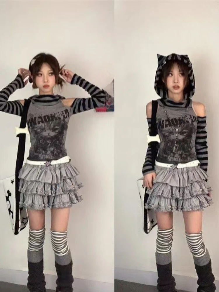 Japanese Gothic Vintage Punk Women Hoodie Striped Patchwork Cat Print Hollow Out Slim Long Sleeve Soft Pullovers 2025 Autumn New