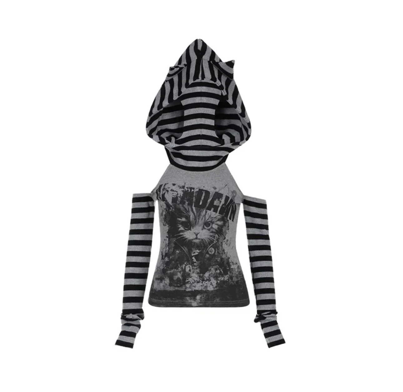 Japanese Gothic Vintage Punk Women Hoodie Striped Patchwork Cat Print Hollow Out Slim Long Sleeve Soft Pullovers 2025 Autumn New