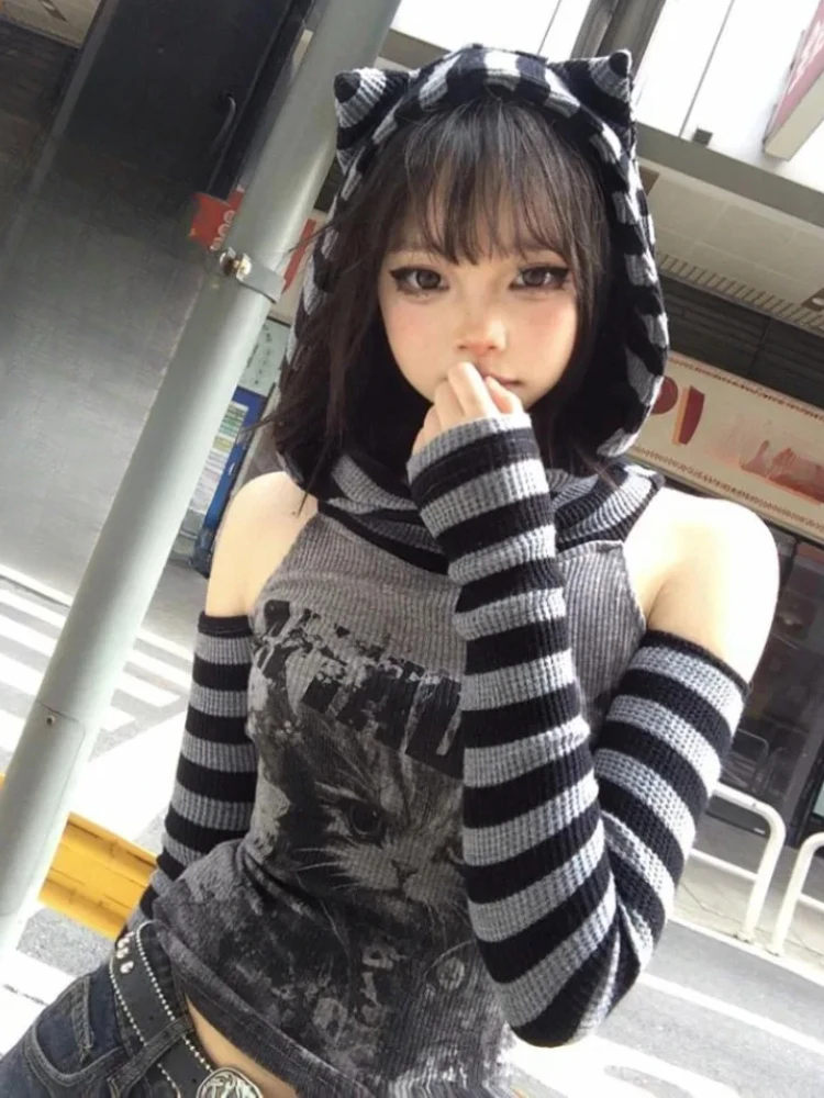 Japanese Gothic Vintage Punk Women Hoodie Striped Patchwork Cat Print Hollow Out Slim Long Sleeve Soft Pullovers 2025 Autumn New
