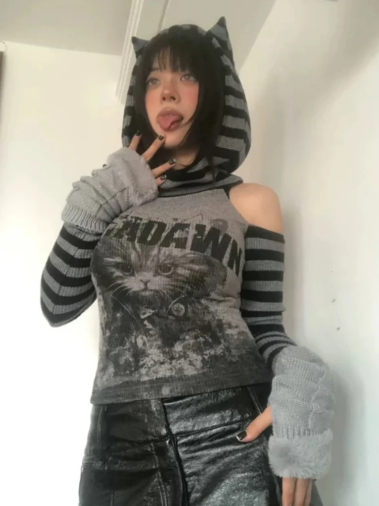 Japanese Gothic Vintage Punk Women Hoodie Striped Patchwork Cat Print Hollow Out Slim Long Sleeve Soft Pullovers 2025 Autumn New