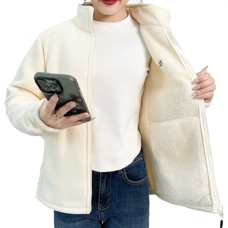 Woman Thickened Zipper Lamb Velvet Sweatshirt Casual Cardigan Embroidery Warm Stand-up Collar Loose Jacket Windproof Sweatshirt